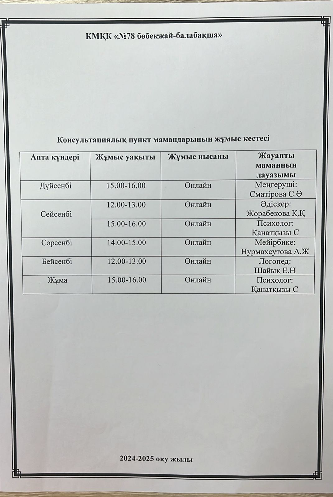 КОНСУЛЬТАЦИЯЛЫҚ ПУНКТ МАМАНДАРЫНЫҢ ЖҰМЫС КЕСТЕСІ